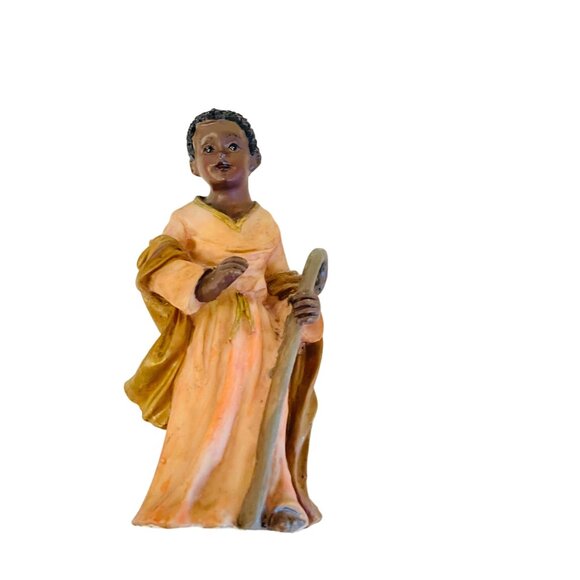 Handcrafted 5" Resin Figurine Of Shepherd Boy Holding Staff In Orange Robes 5" - Picture 10 of 11